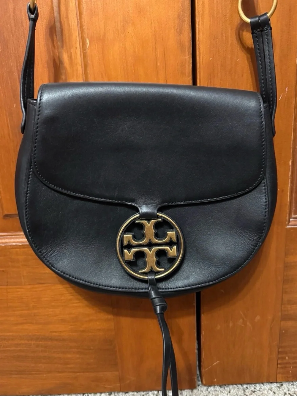 Tory Burch Black Leather Saddle Crossbody with Gold Logo Medallion